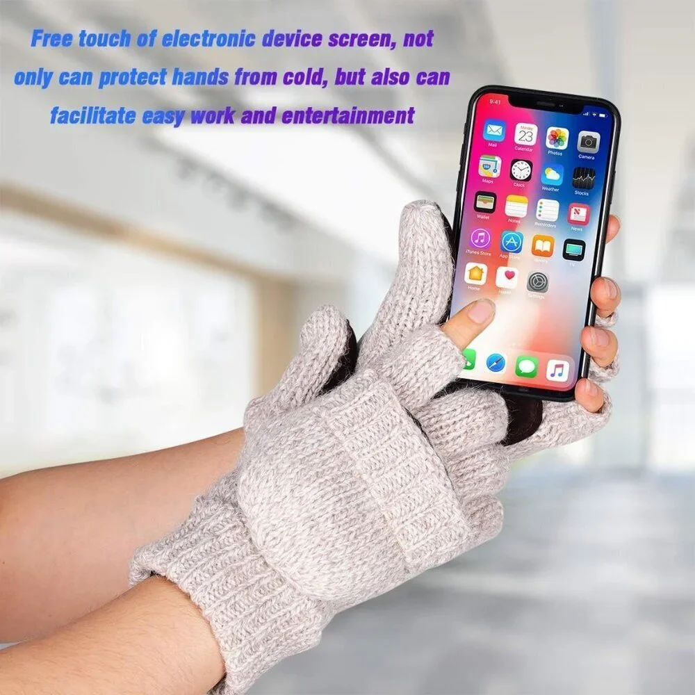 Women's Beige Winter Warm Thermal Insulation Fingerless Texting Wool Gloves